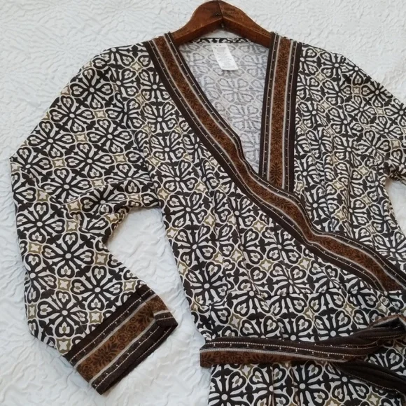 Faux Wrap Tan Brown White Tribal Print Dress - Picture 7 of 8